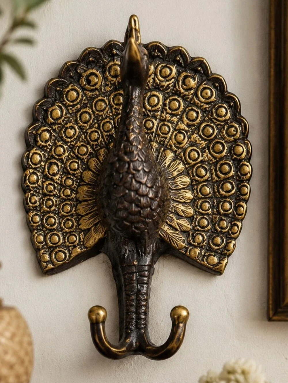 Vintage Style Brass Tone Peacock Double Wall Hook